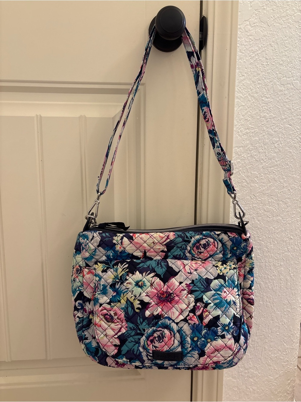 Vera Bradley Floral Quilted Crossbody Shoulder Bag Blue Pink Multi Pocket